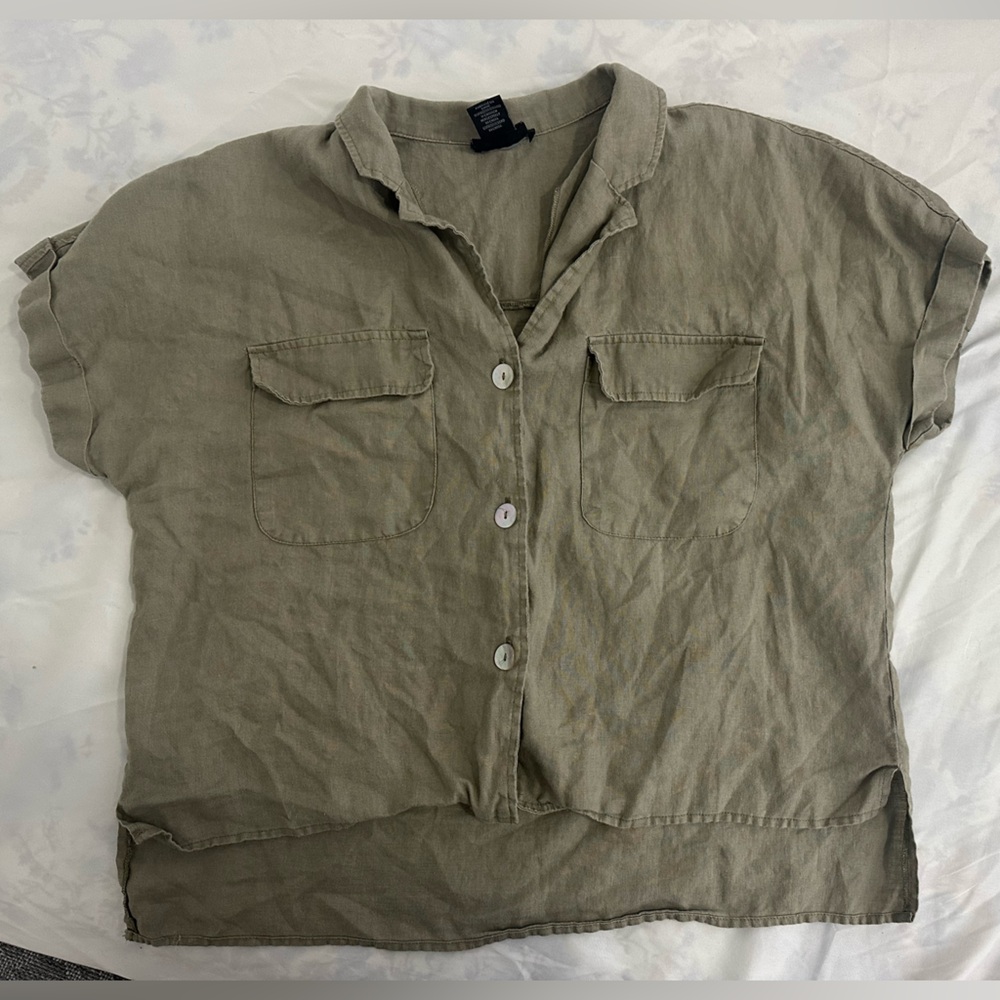 Tahari Olive Linen Button Front Top Size XL Slightly Cropped 100% Linen Safari